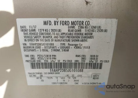 2018 Ford Taurus Se z USA, uszkodzony, nr VIN 1FAHP2D85JG101088